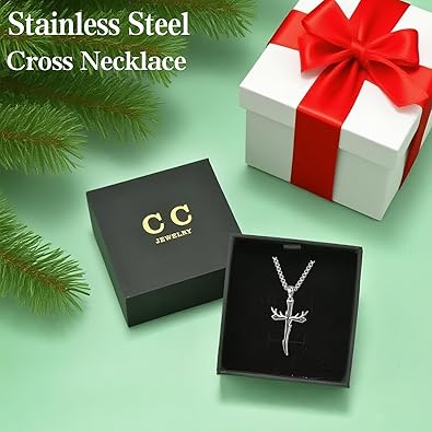 Dagger Cross Necklace for Men Stainless Steel Deer Antler Pendant Necklace Hunting Jewelry Birthday Gifts for Father Husband Brother 22+2”