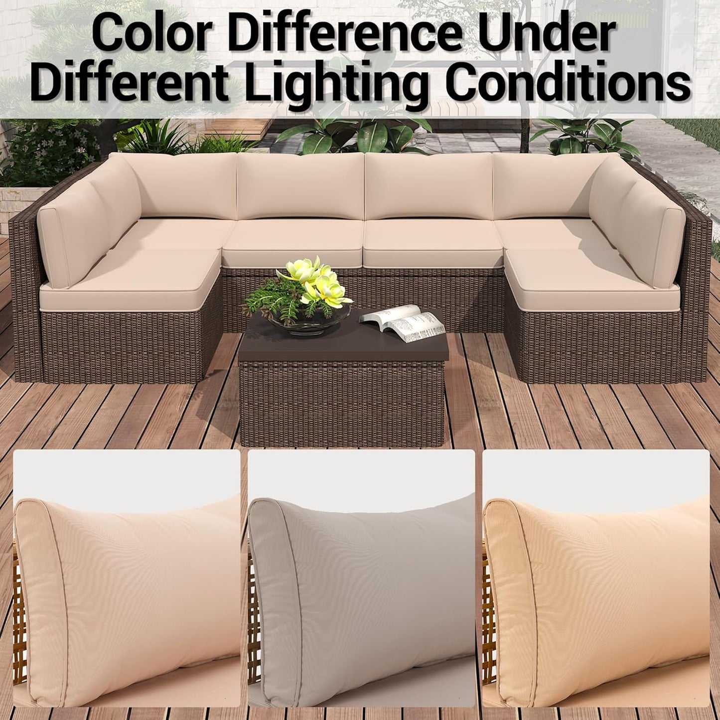 14-Piece Outdoor Replacement Cushions for Patio Furniture, Deep Seat Cushions for 6-Seat Sectional Rattan Sofa, Water-Resistant Couch Cushion Set with Non-Slip Backing, Cream White