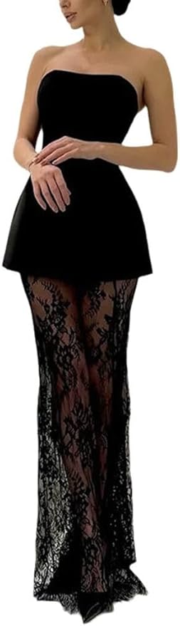 Wuitrie 2 Piece Sets for Women Strapless Peplum Crop Top Sheer Lace Maxi Skirt Elegant Sexy Cocktail Party Formal Outfits