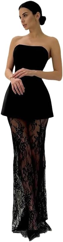 Wuitrie 2 Piece Sets for Women Strapless Peplum Crop Top Sheer Lace Maxi Skirt Elegant Sexy Cocktail Party Formal Outfits