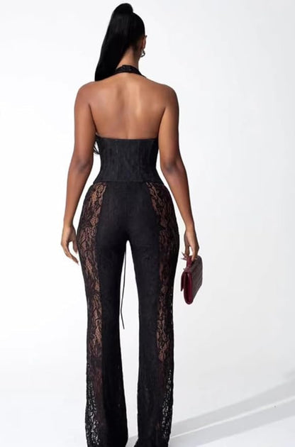 Wuitrie Lace Jumpsuits for Women Sexy See Through Deep V Neck Halter Tops and Flare Pant One Piece Romper Party Club Outfits