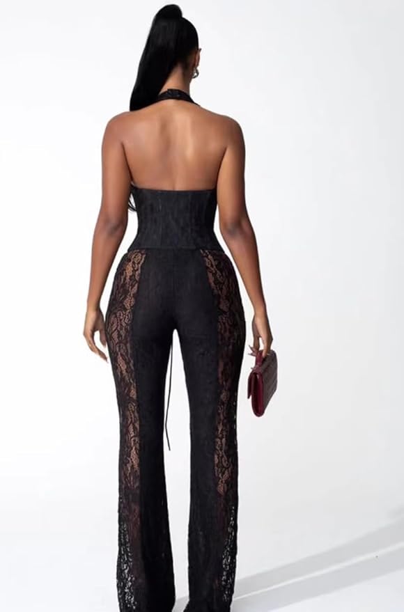 Wuitrie Lace Jumpsuits for Women Sexy See Through Deep V Neck Halter Tops and Flare Pant One Piece Romper Party Club Outfits
