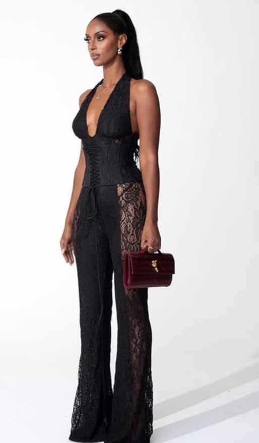 Wuitrie Lace Jumpsuits for Women Sexy See Through Deep V Neck Halter Tops and Flare Pant One Piece Romper Party Club Outfits