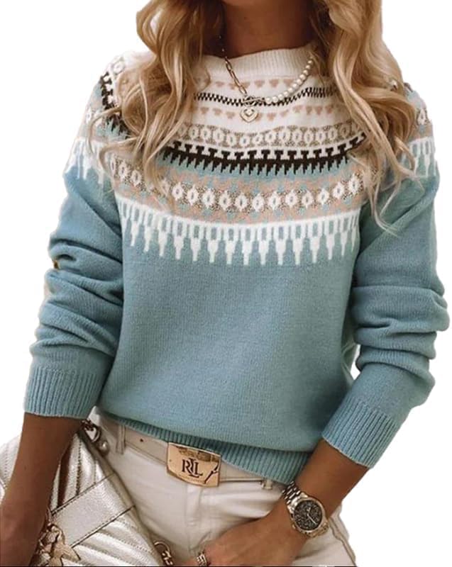 Women's Fair Isle Sweater Casual Vintage Crew Neck Knitted Sweater Cute Graphic Fall Fashion Pullover Jumper Tops