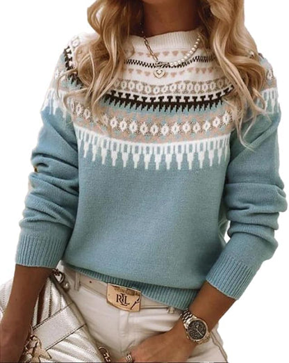 Women's Fair Isle Sweater Casual Vintage Crew Neck Knitted Sweater Cute Graphic Fall Fashion Pullover Jumper Tops