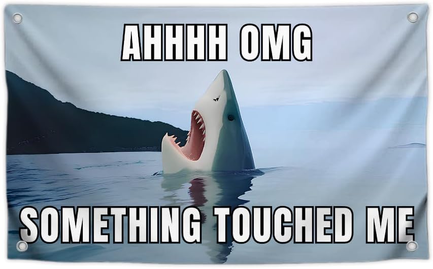 3x5 Feet Big Shark Flag with Funny Quote ''Ahhhh Omg Something Touched Me'' with Four Brass Grommets - Single Sided Banners with Waters Fish - Polyester Durable Wall Flags for Decorate Man Cave Frat