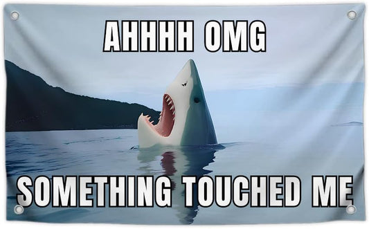 3x5 Feet Big Shark Flag with Funny Quote ''Ahhhh Omg Something Touched Me'' with Four Brass Grommets - Single Sided Banners with Waters Fish - Polyester Durable Wall Flags for Decorate Man Cave Frat