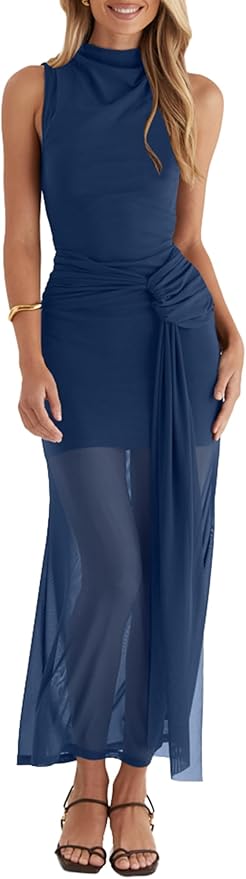 Owin Women’s Bodycon Long Maxi Dress Elegant Sleeveless Mock Neck Ruched Mesh Sheer Hem Cocktail Wedding Guest Dress
