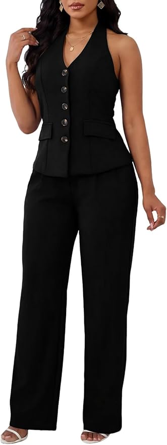 Kafiloe Women Suits 2 Piece Set Halter Sleeveless Blazer Vest Straight Pant Suits Dressy Business Casual Outfits