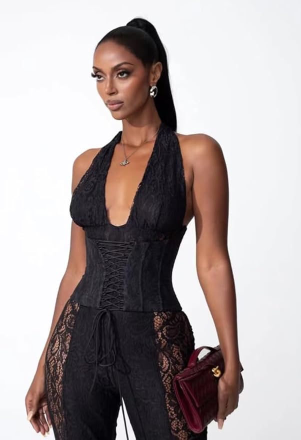 Wuitrie Lace Jumpsuits for Women Sexy See Through Deep V Neck Halter Tops and Flare Pant One Piece Romper Party Club Outfits