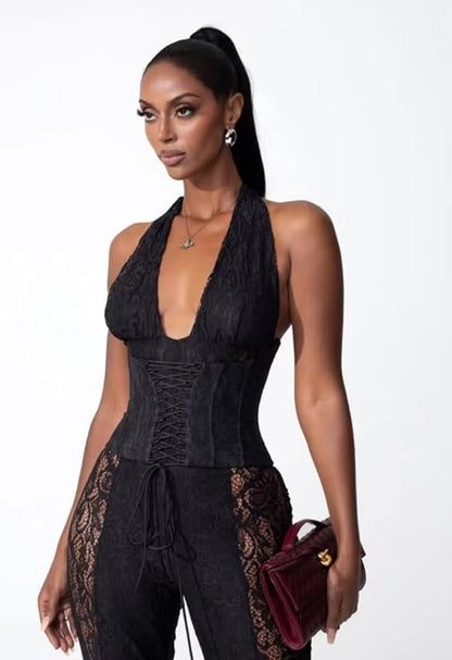 Wuitrie Lace Jumpsuits for Women Sexy See Through Deep V Neck Halter Tops and Flare Pant One Piece Romper Party Club Outfits