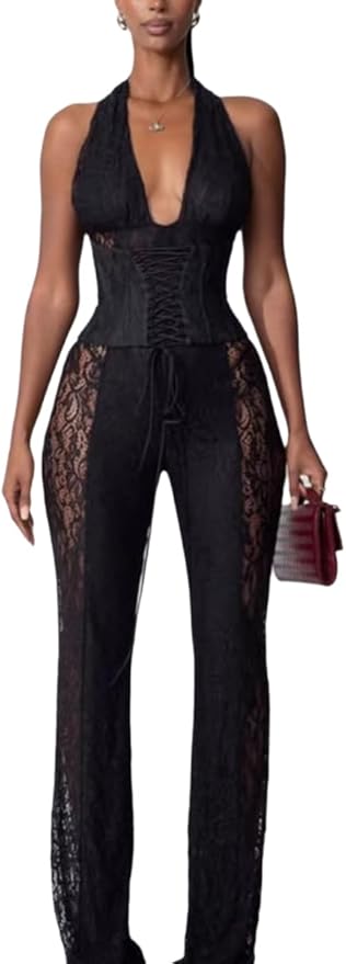 Wuitrie Lace Jumpsuits for Women Sexy See Through Deep V Neck Halter Tops and Flare Pant One Piece Romper Party Club Outfits