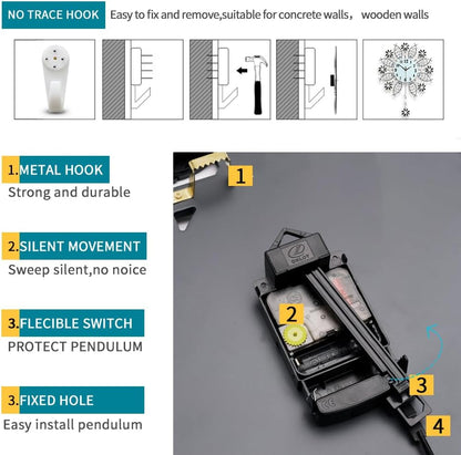 Decorative Wall Clock for Living Room Decor Big Luxury Black Modern Crystal Wall Clock with Pendulum Battery Operated Non-Ticking Large Silent Metal Clock for Kitchen Office Bedroom