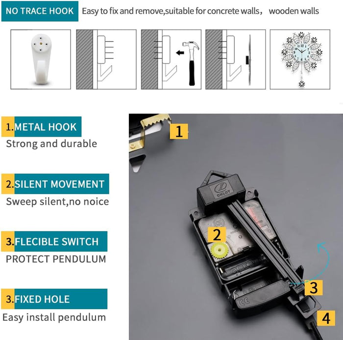 Decorative Wall Clock for Living Room Decor Big Luxury Black Modern Crystal Wall Clock with Pendulum Battery Operated Non-Ticking Large Silent Metal Clock for Kitchen Office Bedroom