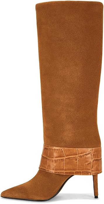 Women's Knee High Pointed Toe Stiletto Heel Boots, Faux Leather Slip-on Tall Boots with Dressy Metal Buckle, Comfortable for Fall-Winter Fashion