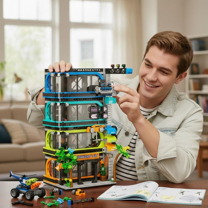 Futuristic City Parking Tower Building Set for Adults, Compatible with Lego City Mini Cars (6-Stud Wide) & 1:64 Die-Cast Cars, Vertical Car Display Garage for City Builds & Collectors (1144 Pieces)