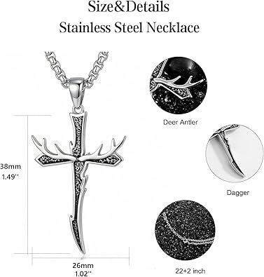 Dagger Cross Necklace for Men Stainless Steel Deer Antler Pendant Necklace Hunting Jewelry Birthday Gifts for Father Husband Brother 22+2”