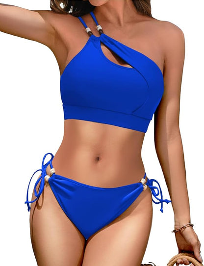 Zeregos Women's One Shoulder Cutout Bikini Set 2 Piece Swimsuit Cheeky Bikini Beads Bathing Suit