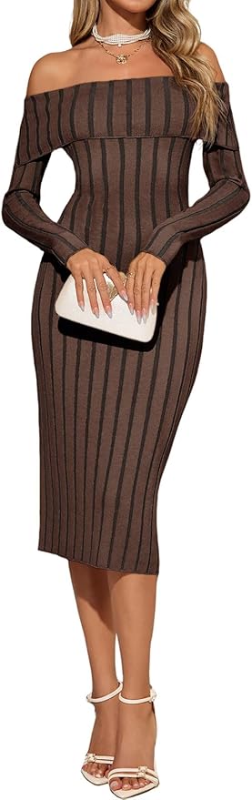 Saodimallsu Women's Off the Shoulder Midi Sweater Dress Long Sleeve Bodycon Elegant Ribbed Knit Formal Cocktail Party Dresses