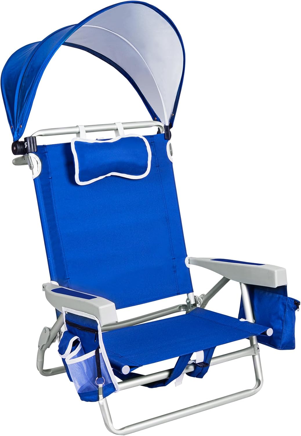 Romswi Extra Wide Beach Chair with Canopy Shade, 1 Pack Aluminum Folding Chairs with Detachable & Adjustable Umbrella, 5-Position Lay Flat, Cooler Bag, Cup & Phone Holder, Towel Bar, Royal Blue