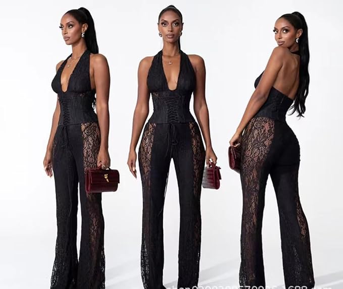 Wuitrie Lace Jumpsuits for Women Sexy See Through Deep V Neck Halter Tops and Flare Pant One Piece Romper Party Club Outfits