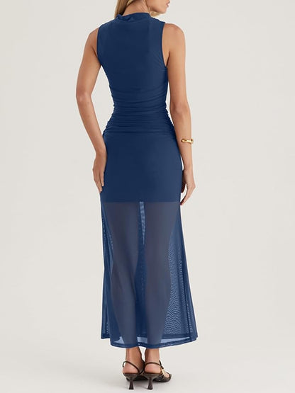 Owin Women’s Bodycon Long Maxi Dress Elegant Sleeveless Mock Neck Ruched Mesh Sheer Hem Cocktail Wedding Guest Dress