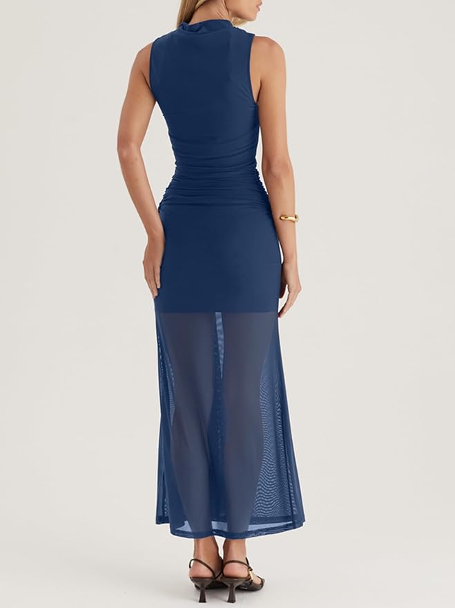 Owin Women’s Bodycon Long Maxi Dress Elegant Sleeveless Mock Neck Ruched Mesh Sheer Hem Cocktail Wedding Guest Dress