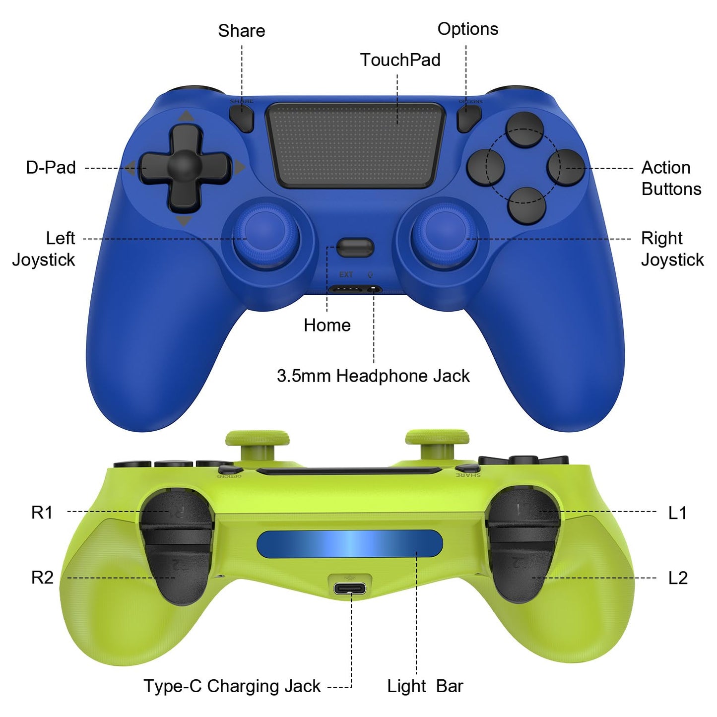 SHINXIN 2 Pack Wireless Controller Compatible with PS4/Slim/Pro/PC with Dual Vibration/3.5mm Audio/Type-C Port and 2 pcs Type-C Cable