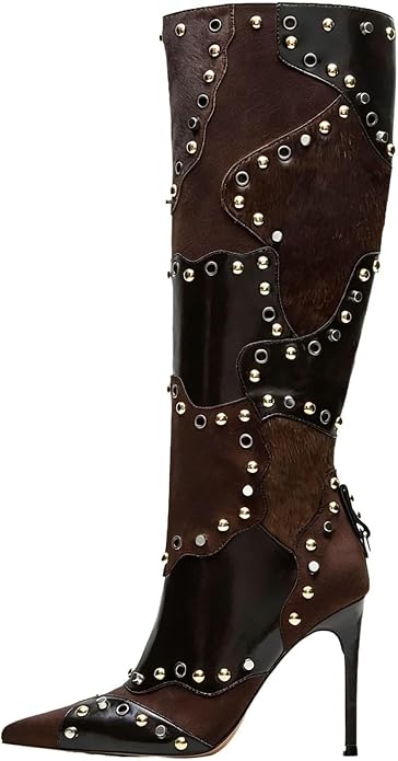 Women's Knee High Stiletto Boots – Pointed Toe Rivet Tall Boots with Side Zipper, Sexy High Heel Dress Boots for Party Nightclub Evening Clubwear Fall Winter Fashion Booties