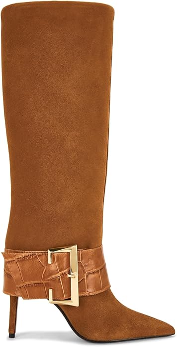 Women's Knee High Pointed Toe Stiletto Heel Boots, Faux Leather Slip-on Tall Boots with Dressy Metal Buckle, Comfortable for Fall-Winter Fashion