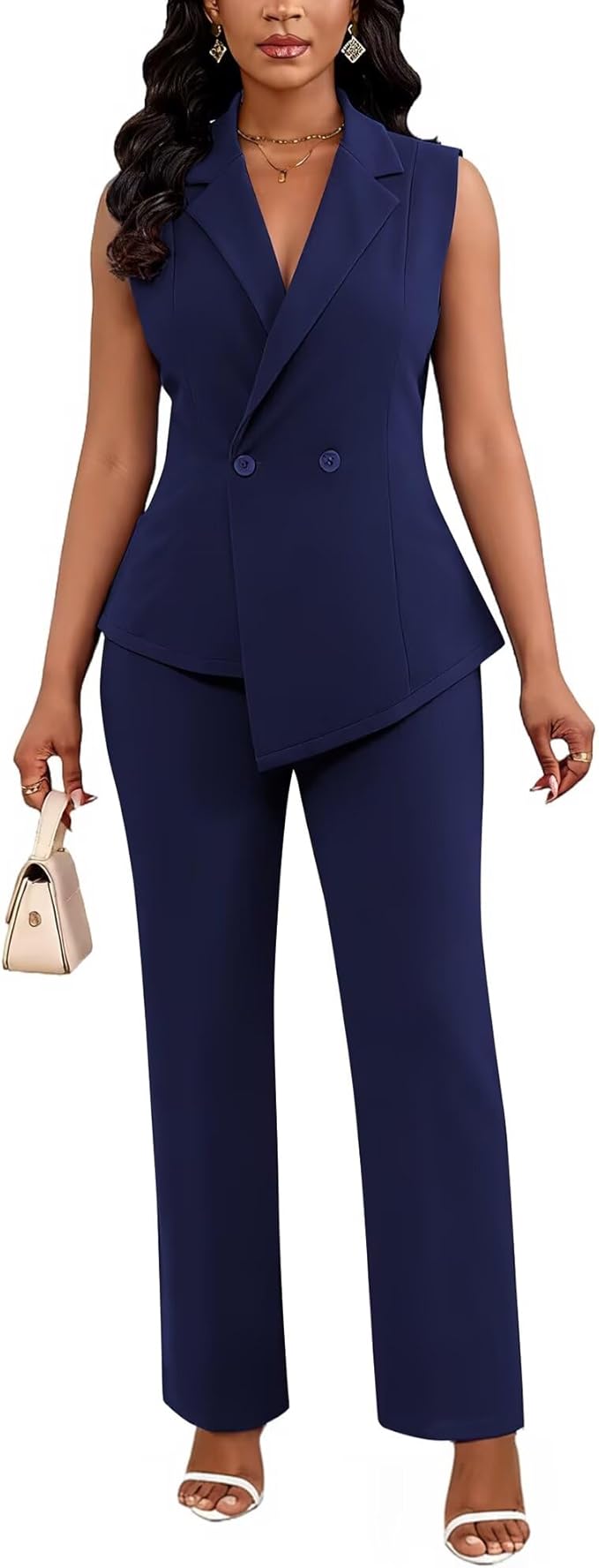 Kafiloe Pant Suits for Women Dressy 2 Piece Business Casual Outfits Sleeveless Blazer Vest Straight Pants Set