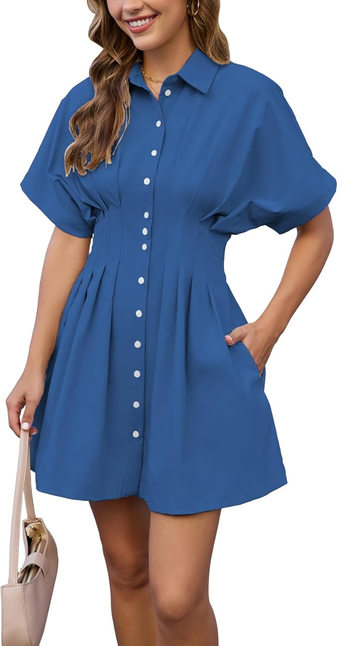 Shy Velvet Women’s Mini Shirt Dress Casual Button Down Short Sleeve Collared Summer Dresses