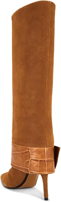 Women's Knee High Pointed Toe Stiletto Heel Boots, Faux Leather Slip-on Tall Boots with Dressy Metal Buckle, Comfortable for Fall-Winter Fashion