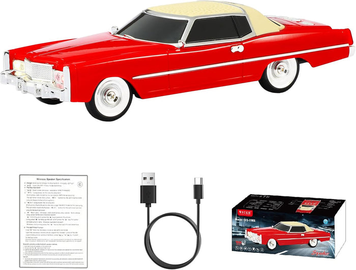 WS-1966 Retro Sedan Bluetooth Car Replica Speaker – HD Stereo, TWS, FM, USB/TF, LED Lights, Type-C – Portable Model Car Speaker with Mic for Office, Outdoors & Gifts(Red)