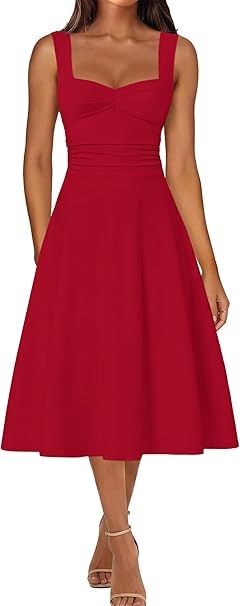 IWD Women's Square Neck A Line Midi Dress Ruched Waist Corset Flowy Elegant Wedding Guest Long Dresses
