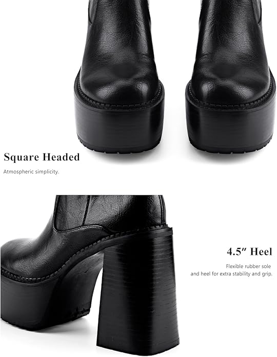 Platform Mid Calf Boots for Women High Heel Block Heel Women’s Tall Boots Square Toe Comfortable Casual Boots Trendy Stylish Shoes