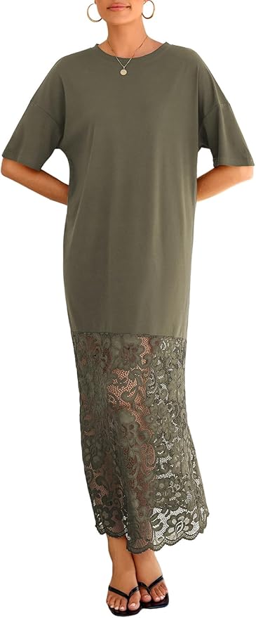 LOLONG Womens Short Sleeve Lace Patchwork Maxi Dress Summer 2026 Crew Neck Casual Long Dresses