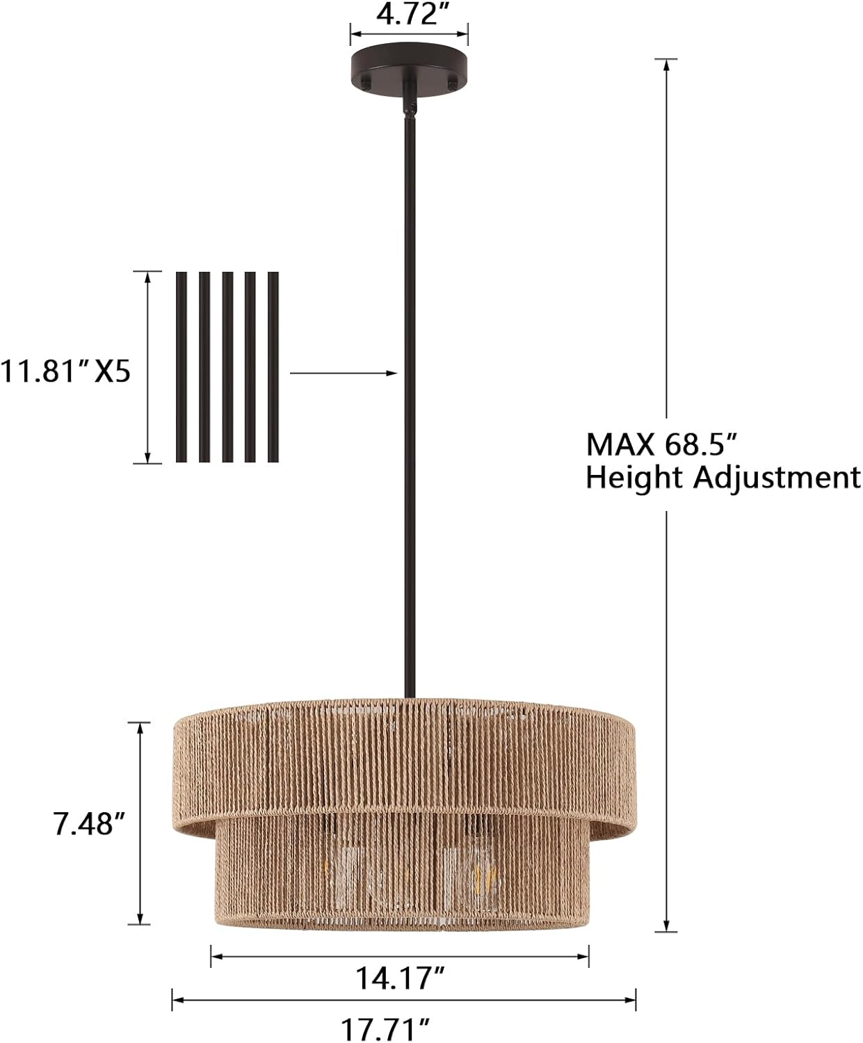 ZGKUYD Brown Boho Woven Rattan Chandelier, Adjustable Black Rod 2-Tier Drum Hanging Light, Brown Pendant Light for Dining Room/Kitchen Island