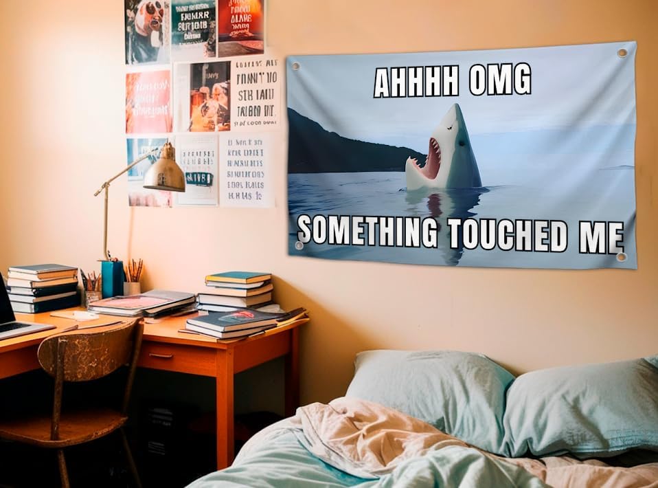 3x5 Feet Big Shark Flag with Funny Quote ''Ahhhh Omg Something Touched Me'' with Four Brass Grommets - Single Sided Banners with Waters Fish - Polyester Durable Wall Flags for Decorate Man Cave Frat