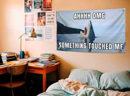 3x5 Feet Big Shark Flag with Funny Quote ''Ahhhh Omg Something Touched Me'' with Four Brass Grommets - Single Sided Banners with Waters Fish - Polyester Durable Wall Flags for Decorate Man Cave Frat
