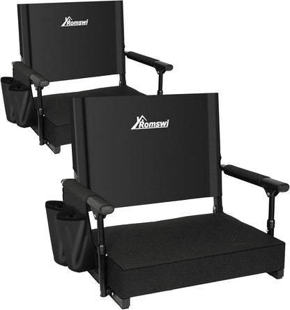 Romswi 2 Pack Stadium Seats with Back Support & Armrests, 2.8" Padded Bleacher Chairs with Cup Holders & Hooks, Portable Folding Stadium Chairs for Bleachers, Football Games & Outdoor Events, Black