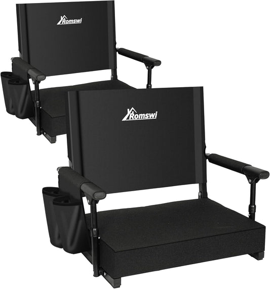 Romswi 2 Pack Stadium Seats with Back Support & Armrests, 2.8" Padded Bleacher Chairs with Cup Holders & Hooks, Portable Folding Stadium Chairs for Bleachers, Football Games & Outdoor Events, Black