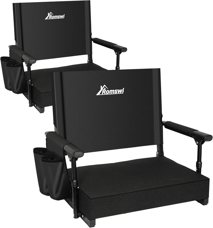 Romswi 2 Pack Stadium Seats with Back Support & Armrests, 2.8" Padded Bleacher Chairs with Cup Holders & Hooks, Portable Folding Stadium Chairs for Bleachers, Football Games & Outdoor Events, Black