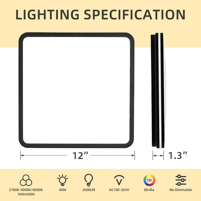 6PK 12 Inch LED Flush Mount Ceiling Light with Side Light, 40W, 2520LM, 3000K/4000K/6000K CCT Selectable, Black Square LED Ceiling Light for Hallway, Kitchen, Bedroom, Laundry Room