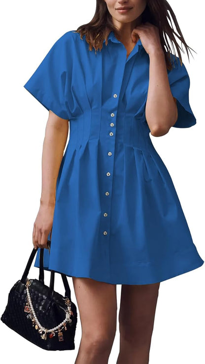 Shy Velvet Women’s Mini Shirt Dress Casual Button Down Short Sleeve Collared Summer Dresses