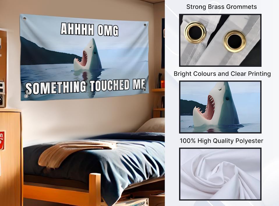 3x5 Feet Big Shark Flag with Funny Quote ''Ahhhh Omg Something Touched Me'' with Four Brass Grommets - Single Sided Banners with Waters Fish - Polyester Durable Wall Flags for Decorate Man Cave Frat