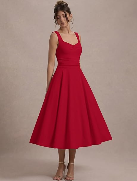 IWD Women's Square Neck A Line Midi Dress Ruched Waist Corset Flowy Elegant Wedding Guest Long Dresses