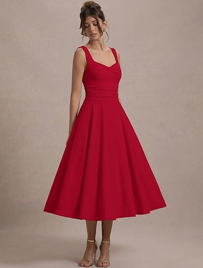 IWD Women's Square Neck A Line Midi Dress Ruched Waist Corset Flowy Elegant Wedding Guest Long Dresses