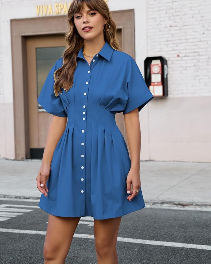 Shy Velvet Women’s Mini Shirt Dress Casual Button Down Short Sleeve Collared Summer Dresses
