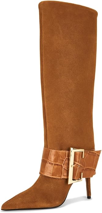 Women's Knee High Pointed Toe Stiletto Heel Boots, Faux Leather Slip-on Tall Boots with Dressy Metal Buckle, Comfortable for Fall-Winter Fashion